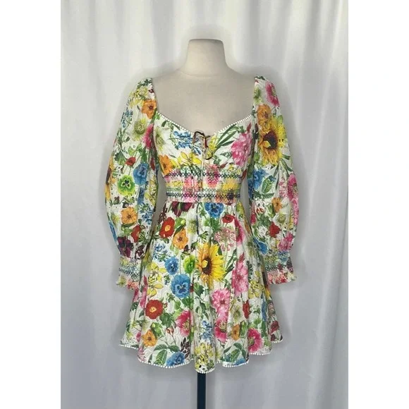 ALICE + OLIVIA Crawford Sweetheart Mini Dress Floral Puff Sleeves Lace Up Size 0